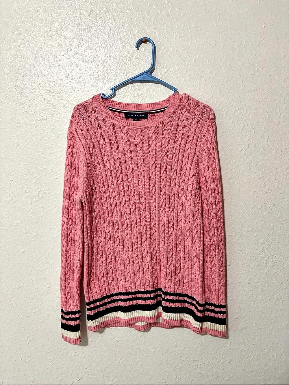 Tommy Hilfiger Cable Knit Crew Sweater with Contrast Stripe Hem Pink